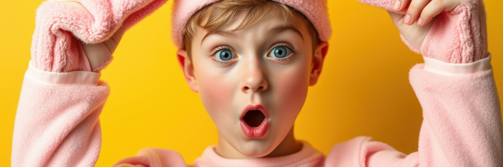 Excited child wearing pink bunny costume with vibrant yellow background